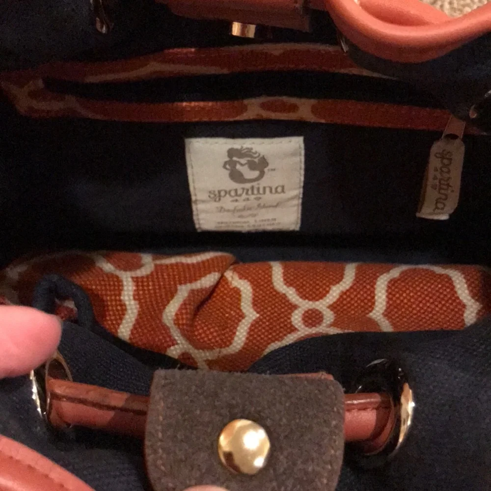 Spartina 449 Sallie Ann Orange Cream Navy leather linen Bucket Bag purse VGUC